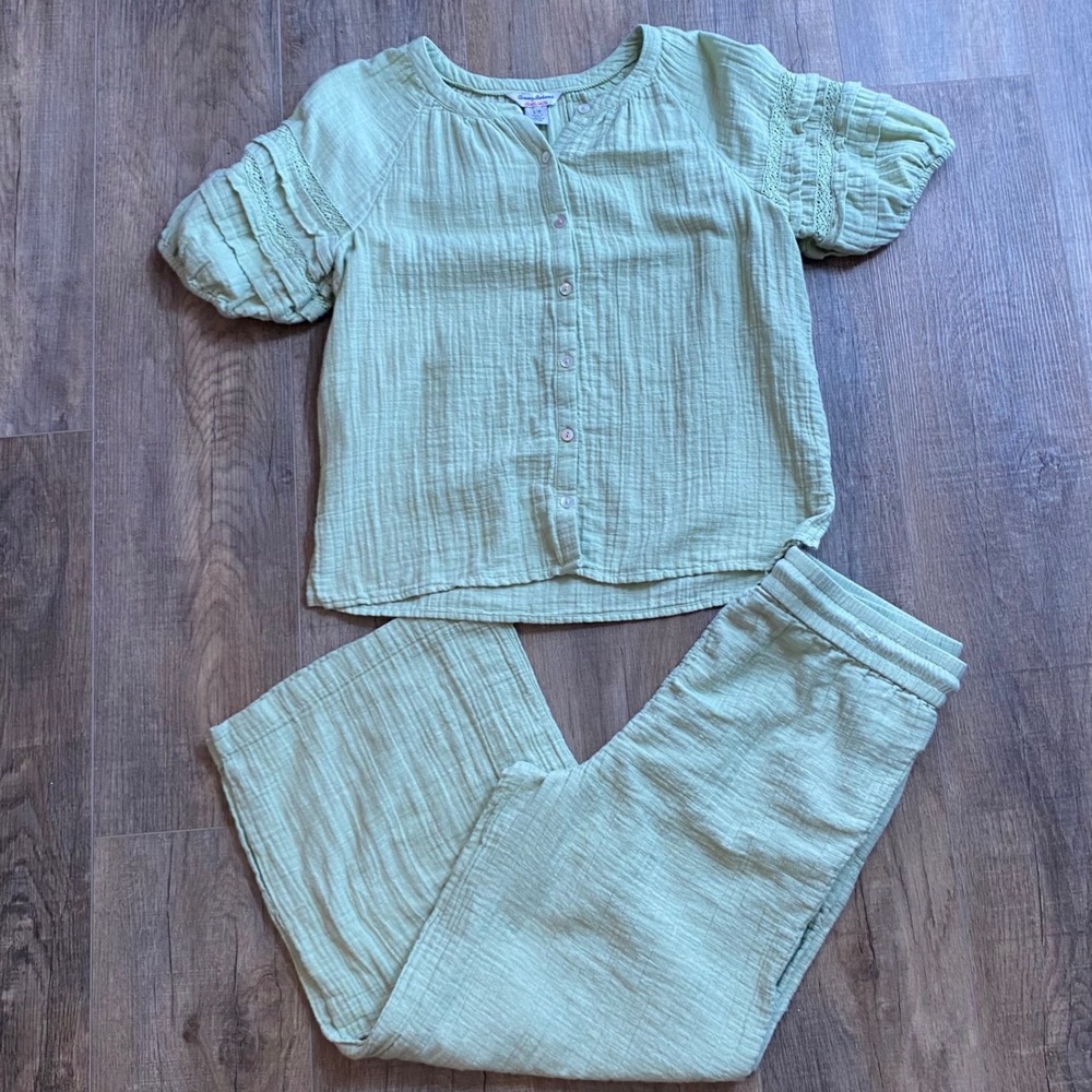 Tommy Bahama Island Gauze Set Sage Green Cotton Lace Sleeve Top Wide Pants SMALL